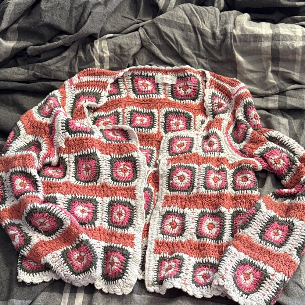 Lucky Brand Crocheted Square Patchwork Cardigan in Coral, Pink, Cream, and Gray